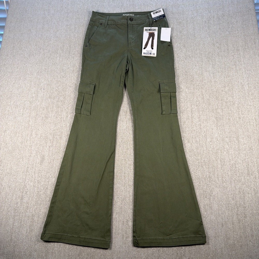 Rewash Pants Women Size 1/25 Green Cargo High Rise 13" Flare Classic Hip Trendy